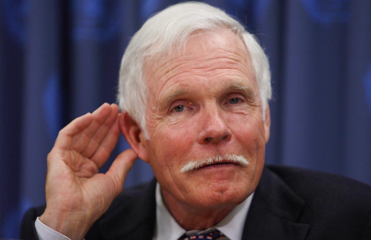 Ted Turner, Chairman of Turner Enterprises and the UN Foundation, listens to a question during a news conference on April 1, 2008 at the United Nations in New York, US. (AFP File Photo)