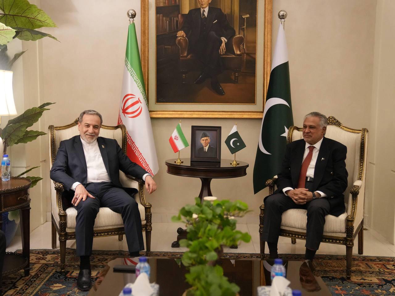 Iranian Foreign Minister Abbas Araghchi (L) meets with Pakistani Foreign Minister Muhammad Ishaq Dar (R) in Islamabad, Pakistan, April 24, 2026. (Photo via Iranian Ministry of Foreign Affairs/HO)