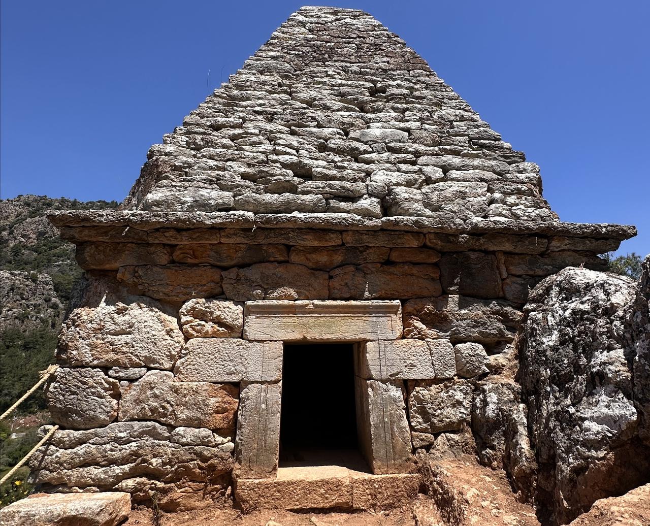 The pyramid-shaped tomb of Diagoras and Aristomakha stands in Marmaris, reflecting Hellenistic-era funerary architecture. (AA Photo)