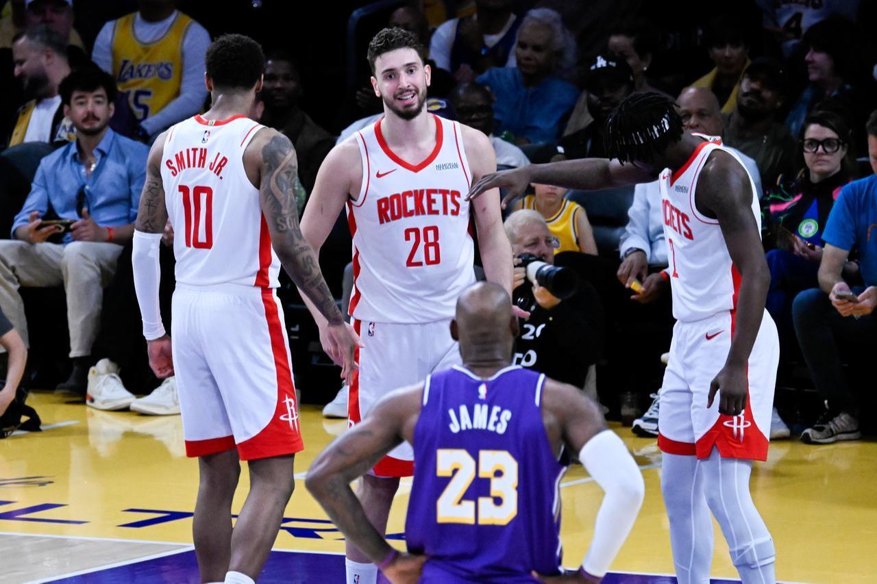 Alperen Sengun (28) of Rockets reacts LeBron James (23) of Lakers during the NBA playoffs game 5, Los Angeles, California, United States, April 29, 2026. (AA Photo)