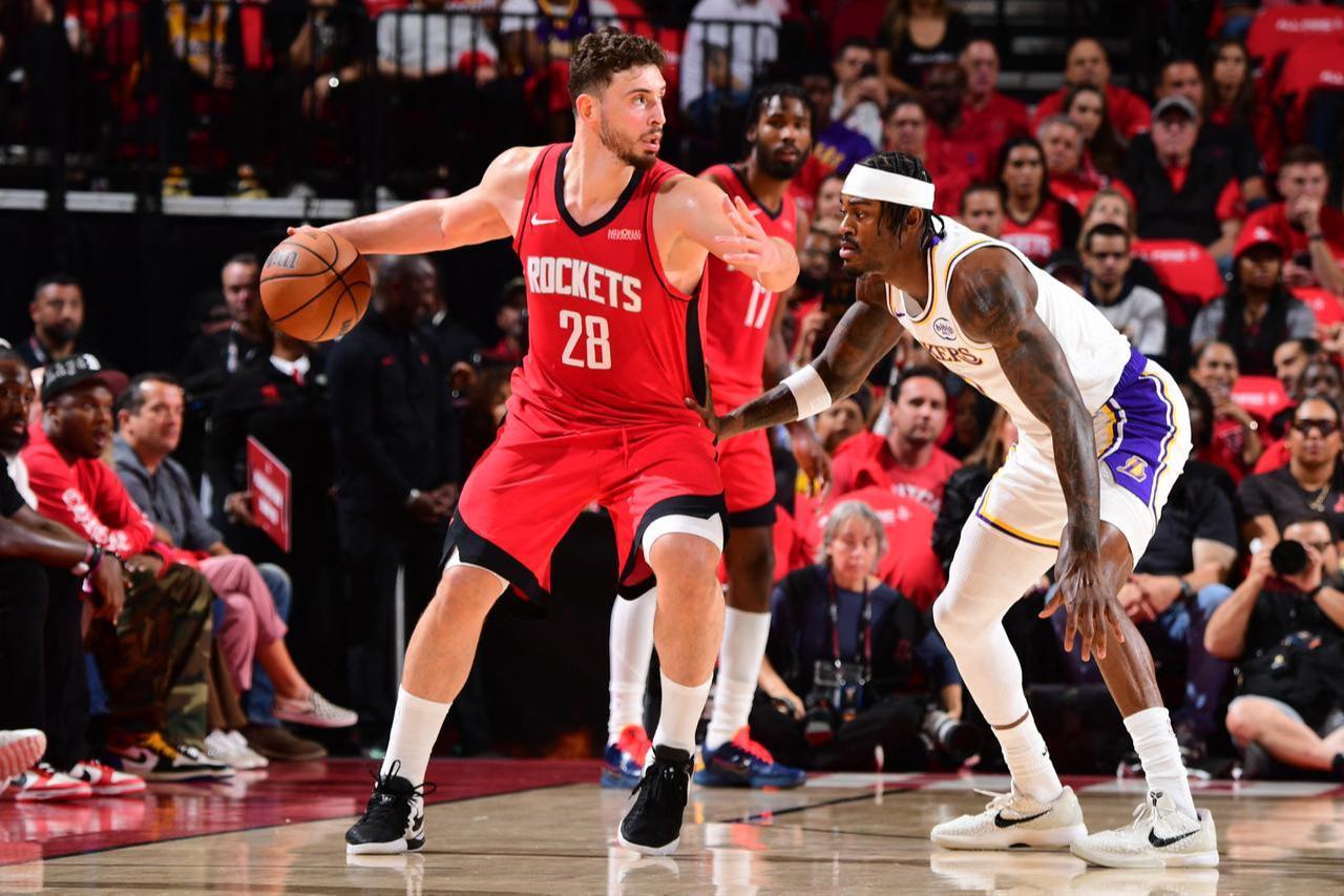 Alperen Sengun #28 of the Houston Rockets dribbles the ball during the game against the Los Angeles Lakers during Round One Game Four of the 2026 NBA Playoffs on April 26, 2026, Texas, United States. (AFP Photo)