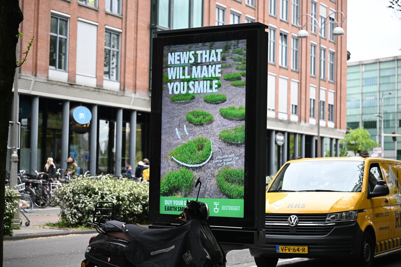 A general view shows public spaces as Amsterdam bans advertisements for high-emission products, including meat and fossil fuel-related goods, from billboards, tram shelters and metro stations as part of the city’s broader climate strategy in Amsterdam, Netherlands, May 6, 2026. (AA Photo)