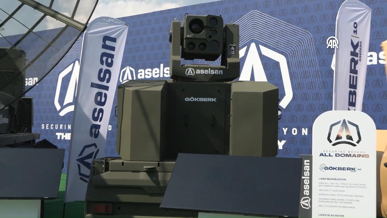 Turkish defense giant Aselsan's Gokberk 10 laser weapon system on display at SAHA 2026 in Istanbul, Türkiye, May 5, 2026. (Photo via screengrab from AA video)