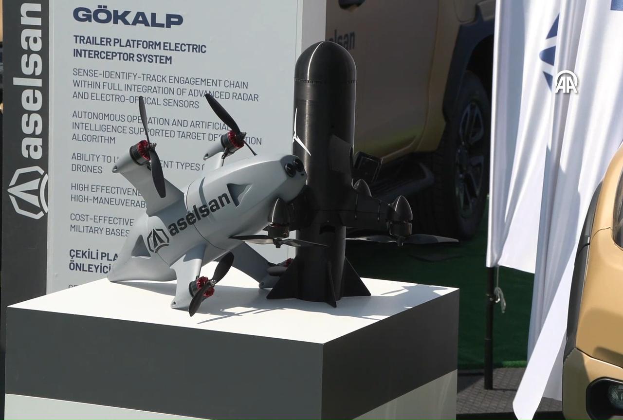 Turkish defense giant Aselsan's Gokalp autonomous kinetic drone destruction system on display at SAHA 2026 in Istanbul, Türkiye, May 5, 2026. (Photo via screengrab from AA video)