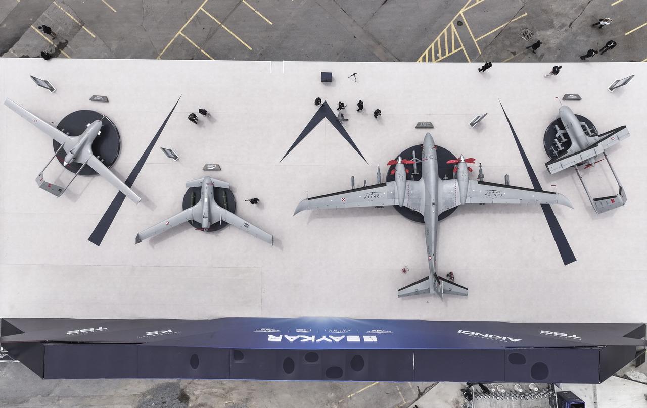 An aerial view of Baykar's unmanned aerial vehicle (UAV) systems during the 2026 International Defense and Aerospace Exhibition (SAHA 2026) in Istanbul, May 5, 2026. (AA Photo)