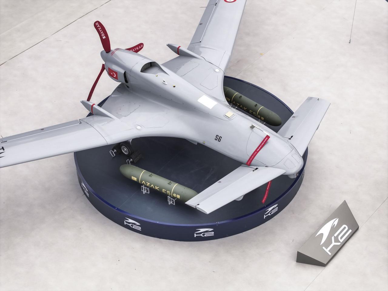 An aerial view of Baykar's K2 kamikaze unmanned aerial vehicle (UAV) system during the 2026 International Defense and Aerospace Exhibition in Istanbul, May 5, 2026. (AA Photo)