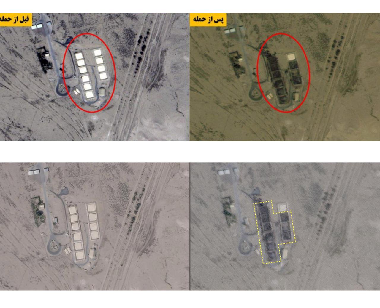 Nine fuel bladders at Ali al-Salem Air Base in Kuwait. Iran state-affiliated media released images (Top) with annotations. (Photo via Planet/Washington Post)