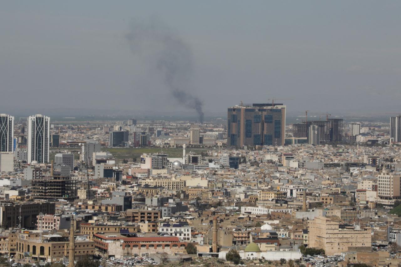 A plume of smoke rises following an interception of a drone in Erbil on March 12, 2026. (AFP Photo)