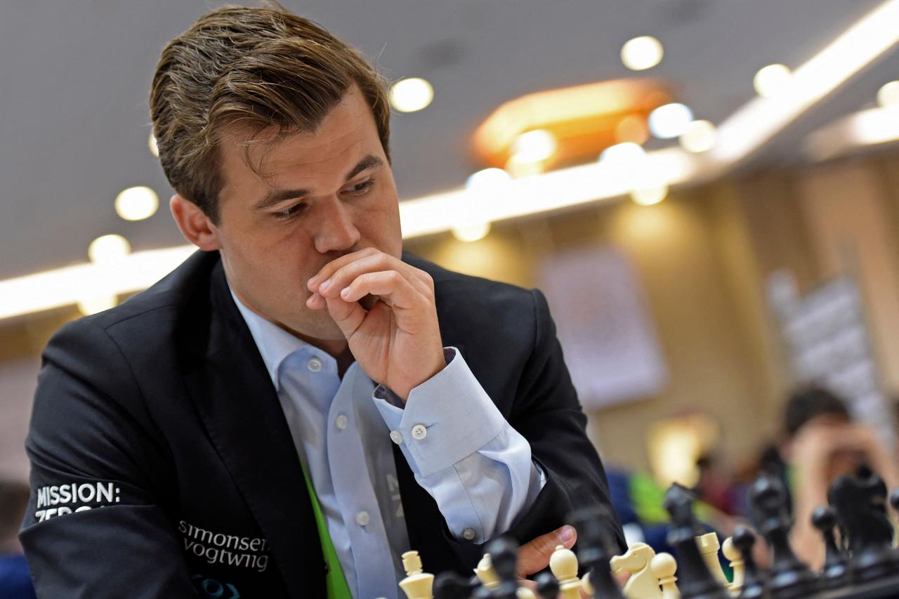 Norway's Magnus Carlsen competes during his Round 10 game against the Moldova's team at the 44th Chess Olympiad 2022, in Mahabalipuram, India, August 8, 2022. (AFP Photo)