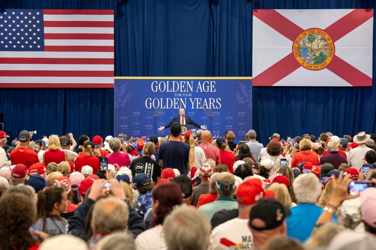 This image shows Donald Trump speaking at a rally in The Villages, Florida, on May 1, 2026. (@WhiteHouse)