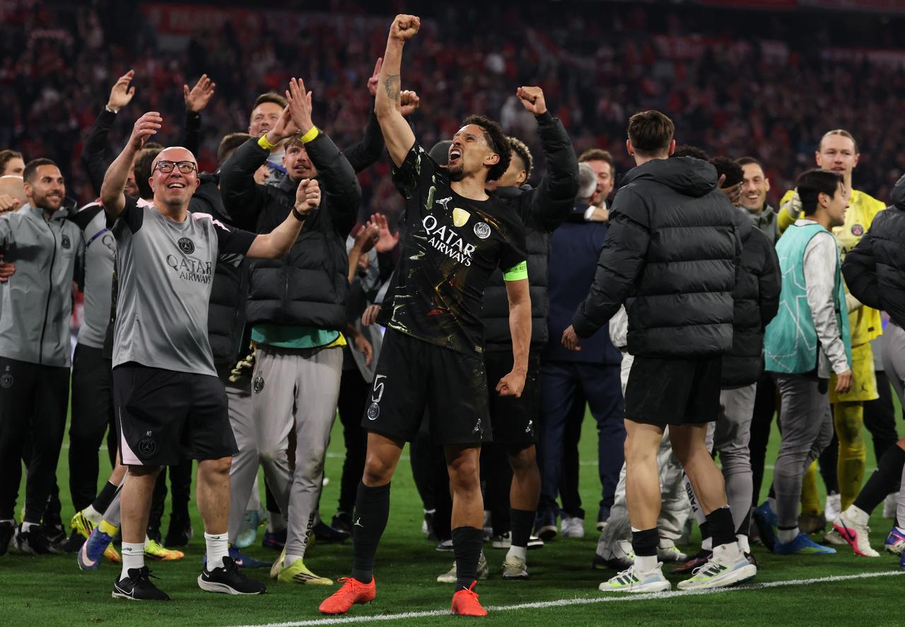 Paris Saint-Germain's Brazilian defender #05 Marquinhos (C) celebrates after the UEFA Champions League second-leg, semi-final football match between FC Bayern Munich and Paris Saint-Germain in Munich, Germany, May 6, 2026. (AFP Photo)