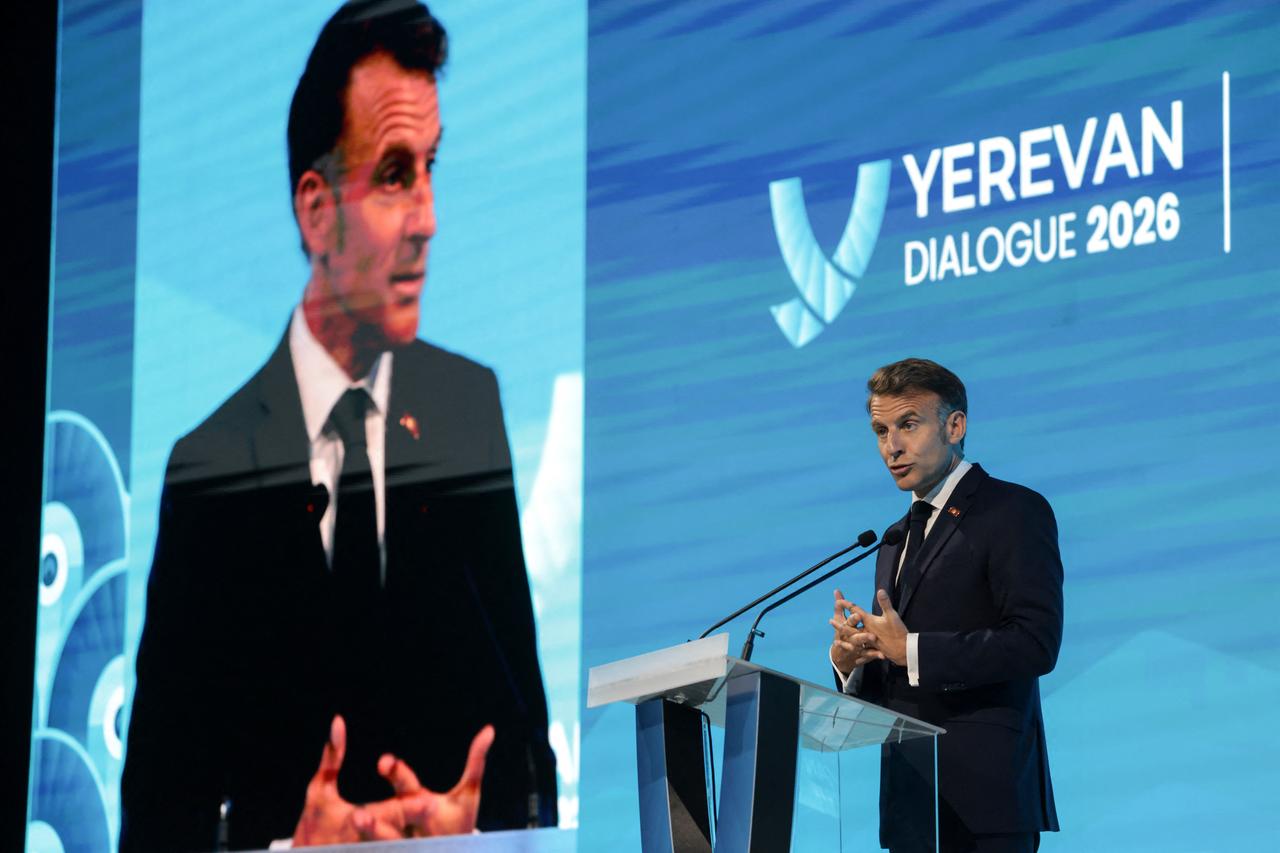 France's President Emmanuel Macron speaks on stage during the Yerevan Dialogue 2026 forum in Yerevan on May 5, 2026. (AFP Photo)