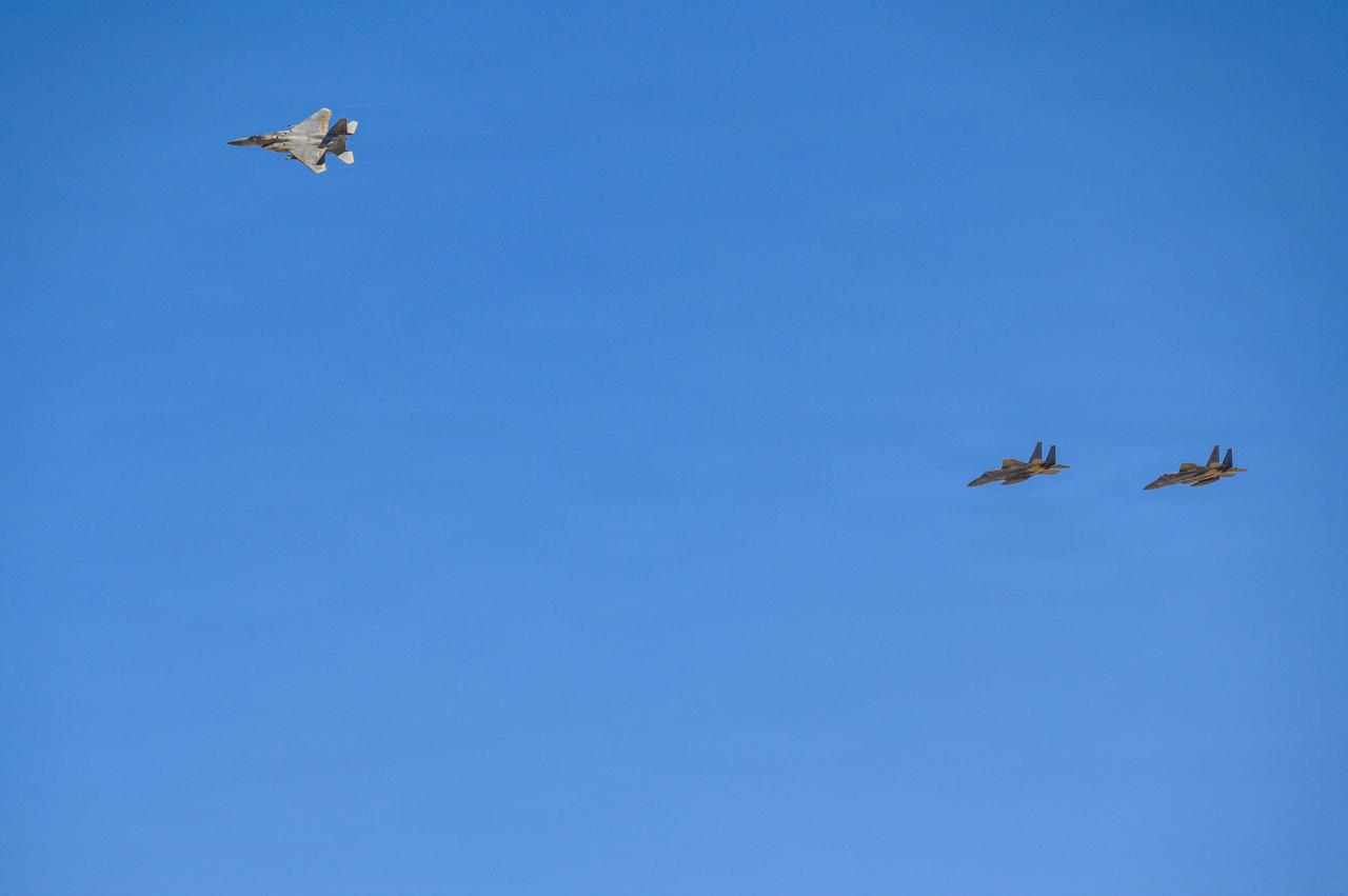 Royal Saudi Air Force F-15 aircraft fly overhead during exercise Spears of Victory at a base in the Middle East, Feb. 5, 2026. (Photo via U.S. Air Force)
