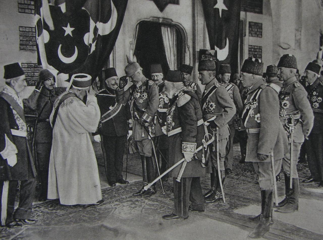 German Emperor Wilhelm II is seen during his final visit to Istanbul in World War I, as Sultan Mehmed V Reshad, Crown Prince Mehmed Vahideddin and Enver Pasha greet the Sheikh al-Islam in a formal ceremony. (Photo via X/@ErhanCavdaroglu)