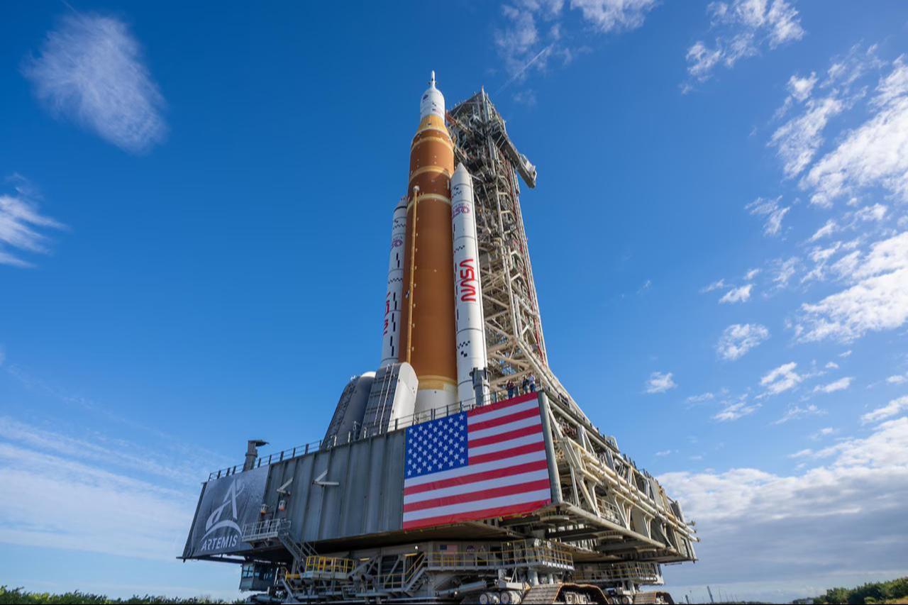 A side view shows NASA’s Artemis II SLS (Space Launch System) rocket and Orion spacecraft on mobile launcher 1 at Launch Complex 39-B at NASA’s Kennedy Space Center in Florida, US, January 17, 2026. (Photo via Brandon Hancock/NASA/TNS)