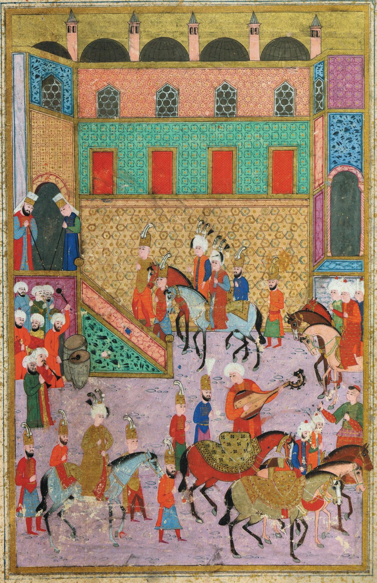 Circumcision festival of Ottoman princes Mustafa, Mehmed and Selim in 1530, depicted in a 16th-century miniature from the Hüner-name manuscript, Topkapi Palace Museum. (Image via Wikimedia)