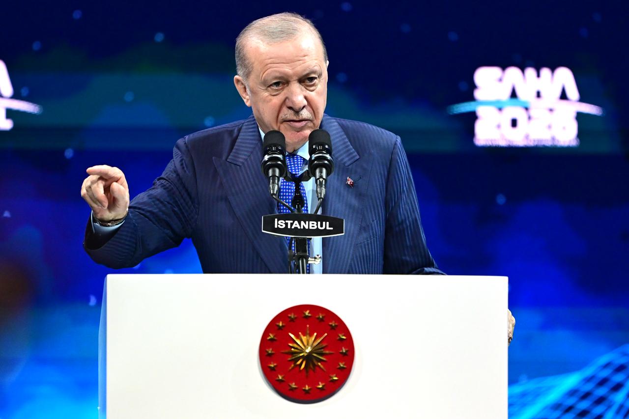 Turkish President Recep Tayyip Erdogan speaks during the SAHA 2026 International Defense, Aerospace, and Space Industry Fair in Istanbul, Türkiye on May 6, 2026. (AA Photo)