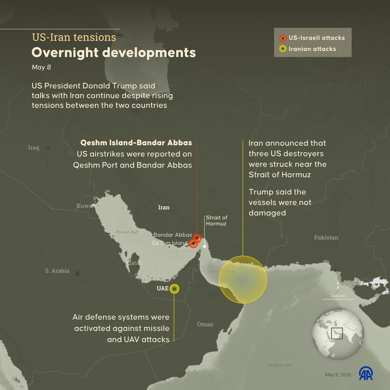 An infographic titled "US-Iran tensions" was created in Ankara, Türkiye, on May 8, 2026. (AA Infographic)