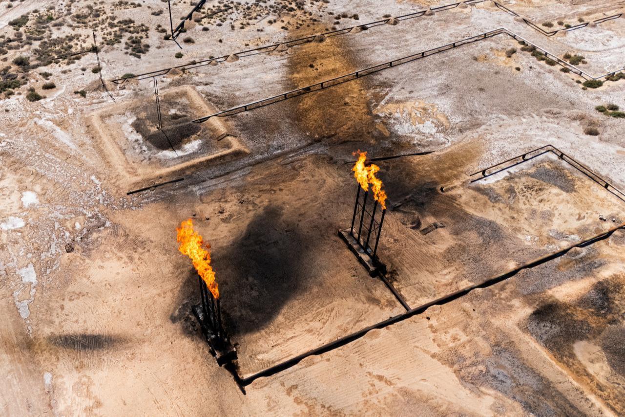 This aerial photograph shows the Nahr Bin Umar Oil and Gas Field on the outskirts of the southern Iraqi city of Basra on April 29, 2026. (AFP Photo)