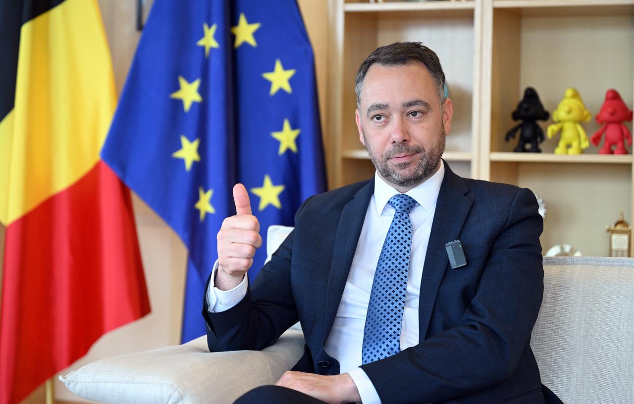 Belgian Foreign Minister Maxime Prevot is seen during an interview ahead of the economic mission visit from Belgium to Türkiye, May 5, 2026, in Brussels, Belgium. (AA Photo)