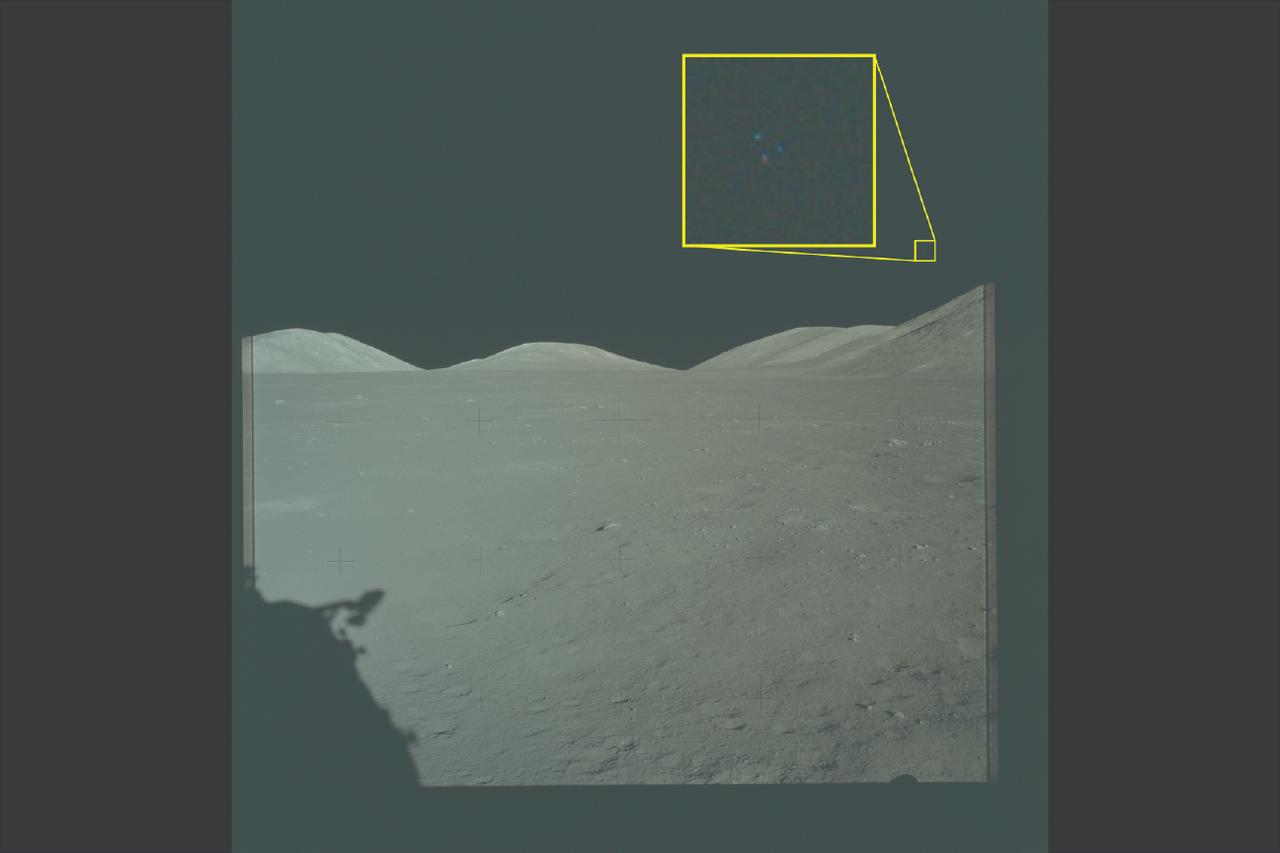 This handout image released by the US Department of Defense on May 8, 2026, shows what the Department of Defense and FBI say is an archival imagery from the Apollo 17 mission to the Moon. The yellow box contains an enlarged area of the original photo in which three lights are visible above the lunar terrain.