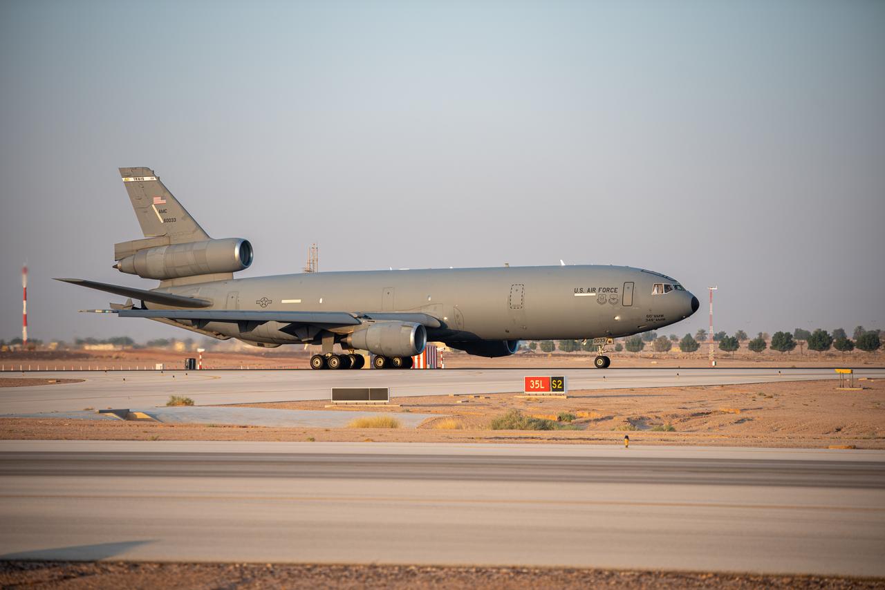 A KC-10 Extender departs after conducting the airframe's final combat deployment at Prince Sultan Air Base (PSAB), Kingdom of Saudi Arabia, Oct. 5, 2023. (Photo via U.S. Air Force)