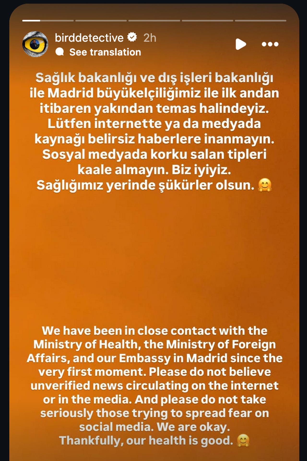 Turkish birdwatcher Emin Yogurtcuoglu says he and his wife remain in good health amid the MV Hondius hantavirus outbreak, May 8, 2026. (Photo via Instagram / @birddetective)