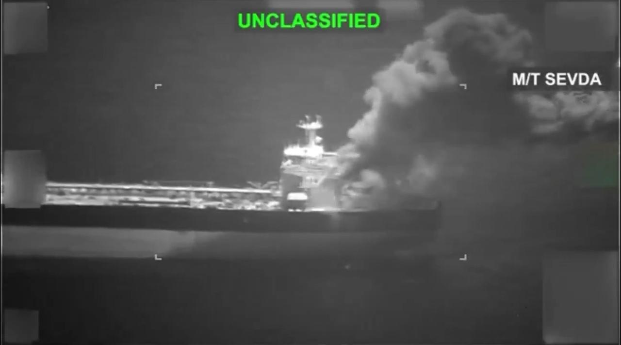 The photo shows the M/T Sevda tanker, which was intercepted by a U.S. Navy F/A-18 Super Hornet in the Gulf of Oman. (Photo via screengrab from video on X/@CENTCOM)