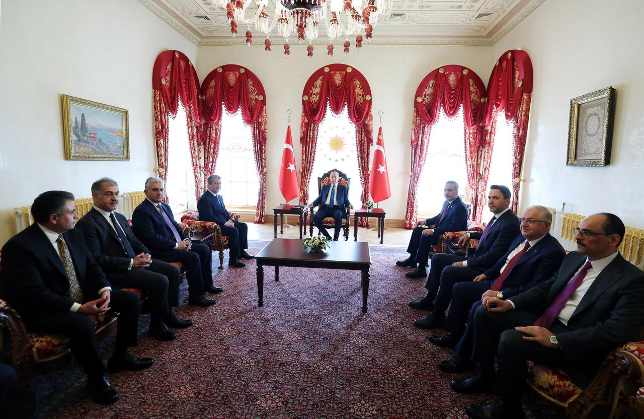 Turkish President Recep Tayyip Erdogan receives Masrour Barzani, Prime Minister of the Kurdistan Regional Government (KRG), in Ankara, Turkiye, on May 9, 2026. (TUR Presidency/AA Photo)