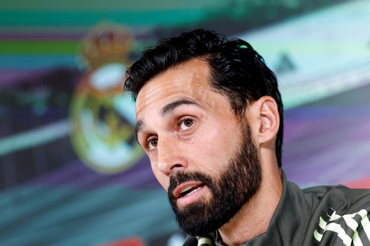Real Madrid coach Alvaro Arbeloa addresses a press conference at Real Madrid Sports City in Valdebebas, on the outskirts of Madrid, May 9, 2026. (AFP Photo)