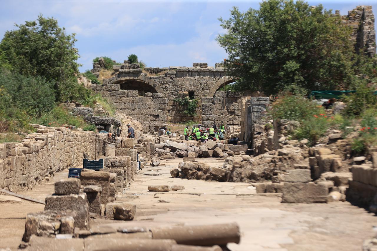 An ancient street leading to the second main gate of the ancient city of Side is seen after being unearthed in the Manavgat district of Antalya, Türkiye, May 21, 2026. (AA Photo)