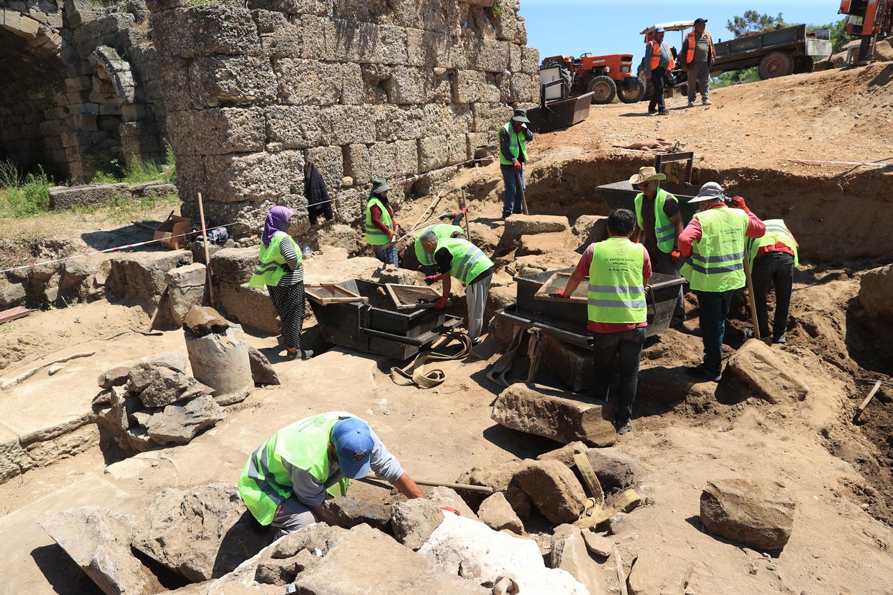 An ancient street leading to the second main gate of the ancient city of Side is seen after being unearthed in the Manavgat district of Antalya, Türkiye, May 21, 2026. (AA Photo)