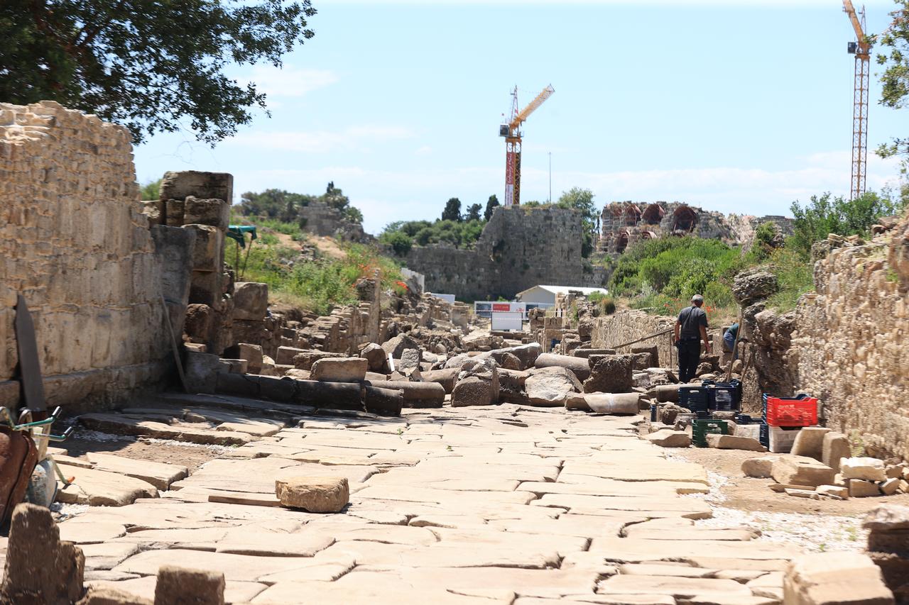 An ancient street leading to the second main gate of the ancient city of Side is seen after being unearthed in the Manavgat district of Antalya, Türkiye, May 21, 2026. (AA Photo)