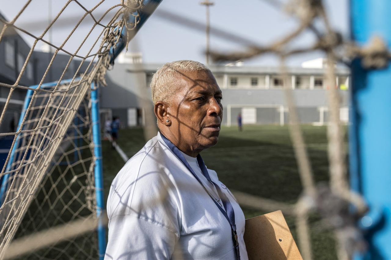 Silveria Nedio “Nita”, historic manager of the Cape Verde women's national football team and director of the Bola Pra Frente football academy poses for a portrait during practice in Praia Cape Verde, on May 18, 2026. (AFP Photo)