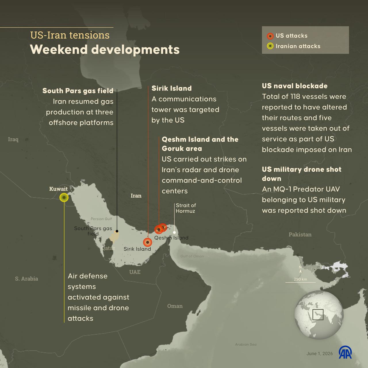 An infographic titled "US-Iran tensions" created in Ankara, Türkiye on June 1, 2026. (AA Photo)