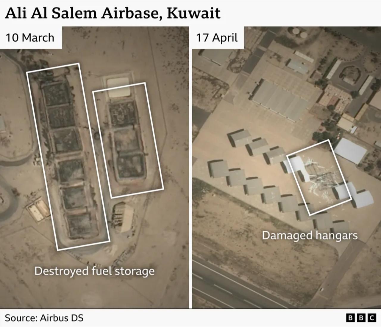This picture shows a satellite image of Ali Al Salem Airbase in Kuwait, accessed on June 1, 2026. (Photo via BBC)