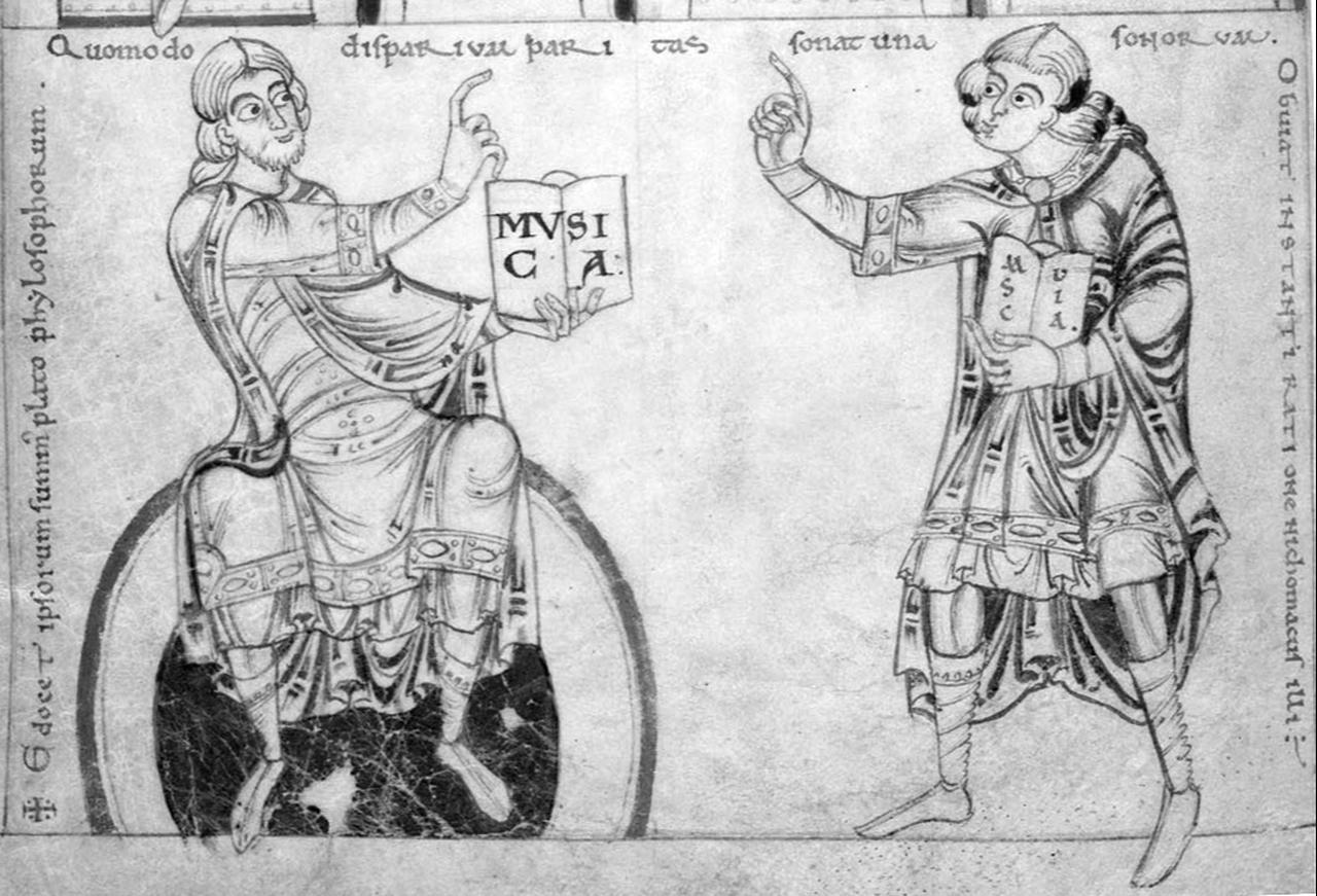 Illustration of Nicomachus and Plato depicted as inventors of music (Photo via Wikimedia Commons.)