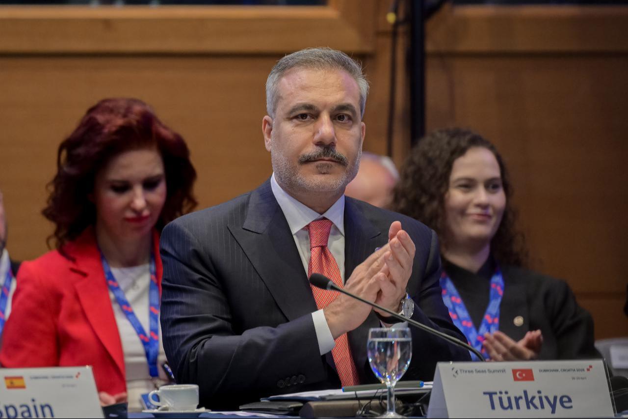 Turkish Foreign Minister Hakan Fidan attends the General Session of the 11th Three Seas Initiative Summit on behalf of Turkish President Recep Tayyip Erdogan in Dubrovnik, Croatia, April 28, 2026. (AA Photo)