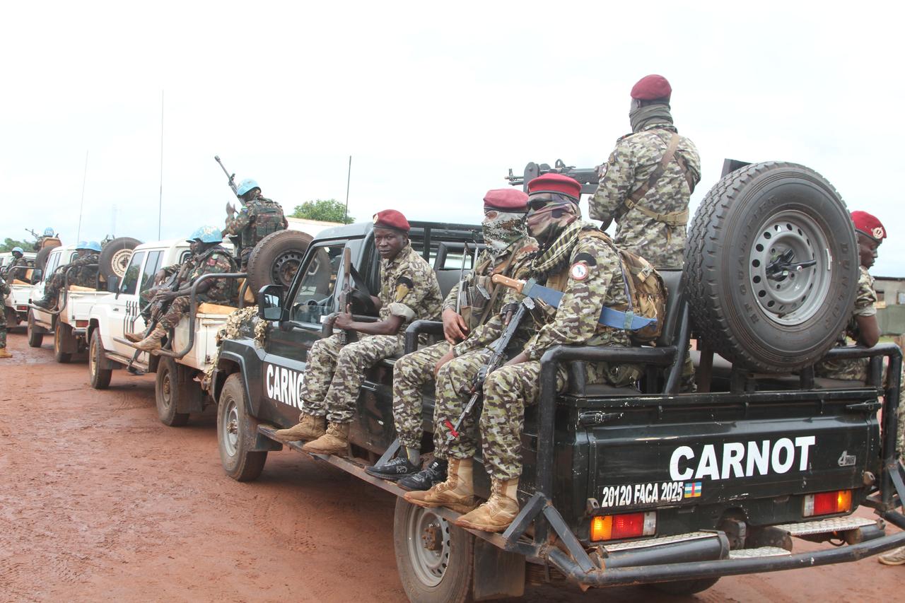 Central African Republic soldiers and Tanzanian peacekeepers of the United Nations Multidimensional Integrated Stabilisation Mission in the Central African Republic (MINUSCA) patrol during a joint operation near Carnot, May 25, 2026. (AFP Photo)