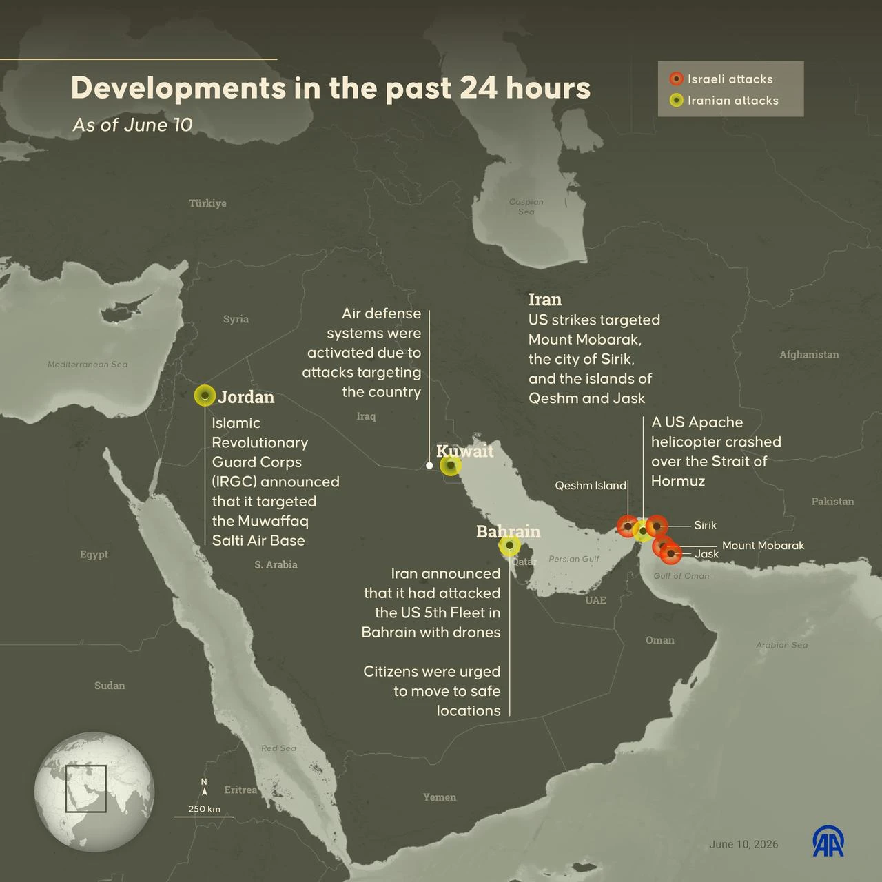 An infographic titled "Developments in the past 24 hours" created in Ankara, Türkiye on June 10, 2026. (AA Graphics)