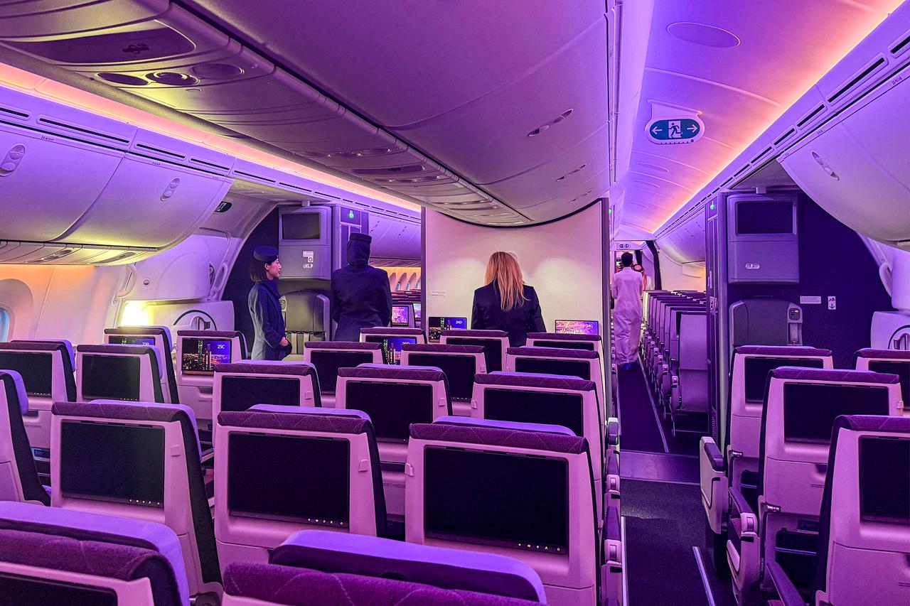 Hostesses stand inside a Boeing 787-9 Dreamliner aircraft of Saudi airline Riyadh Air at King Khalid International Airport in Riyadh, June 7, 2026. (AFP Photo)