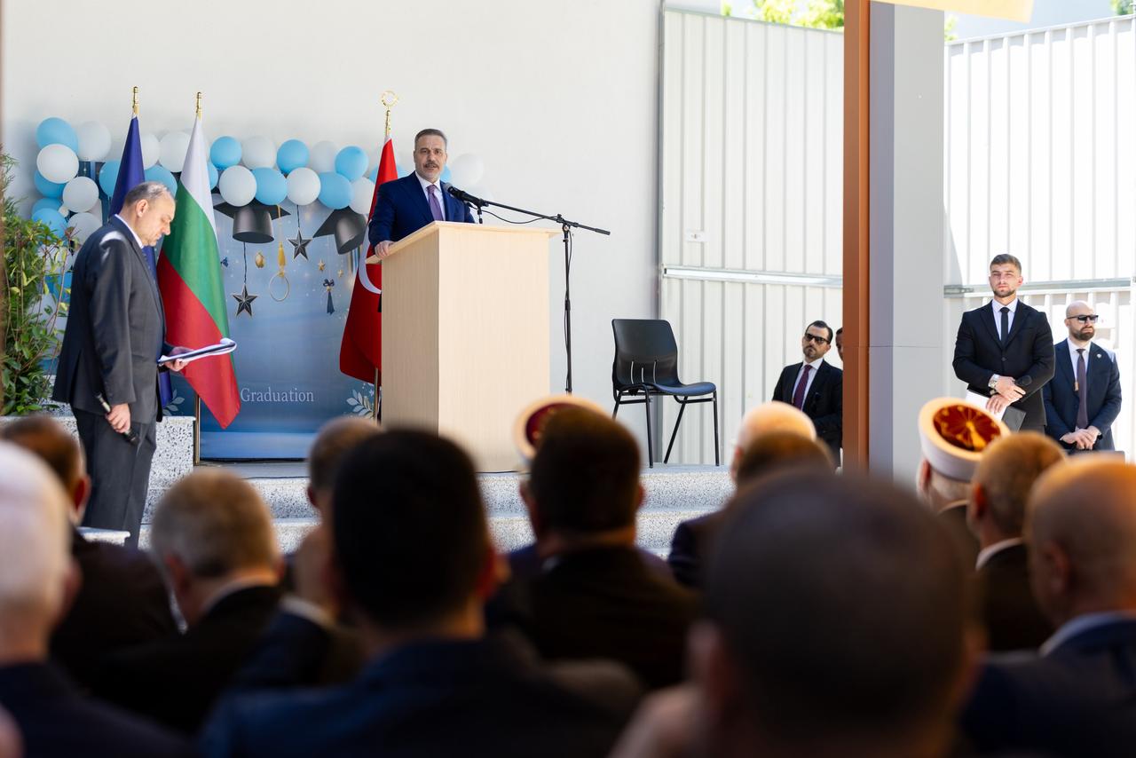 Turkish Foreign Minister Hakan Fidan delivers a speech during the graduation ceremony of the 2025-2026 academic year at the Sofia Higher Islamic Institute, as part of his visit to Sofia, Bulgaria on June 10, 2026. (AA Photo)
