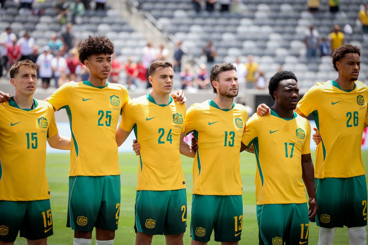 Members of Australia's national team sing their national anthem before the international friendly football match between Switzerland and Australia at Snapdragon Stadium in San Diego, California, June 6, 2026. (AFP Photo)
