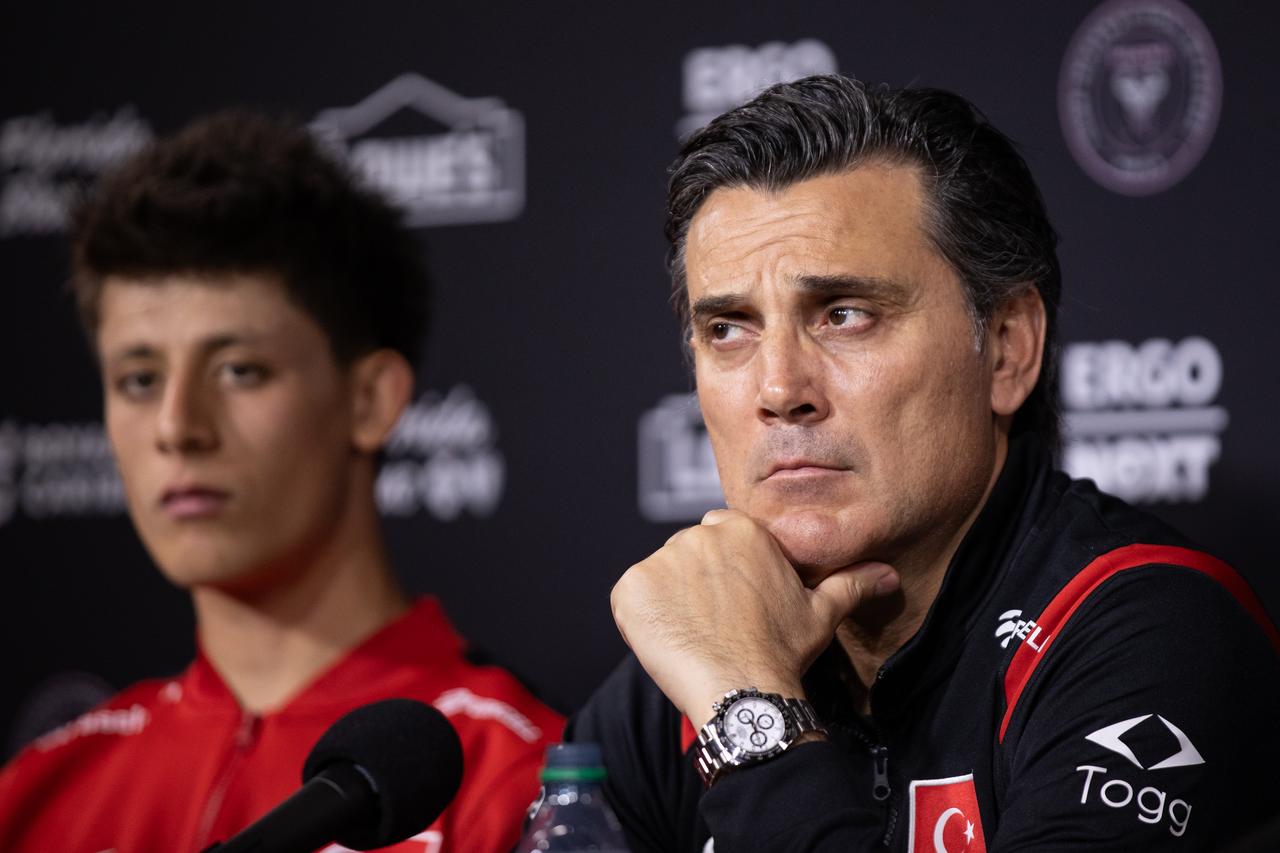 Vincenzo Montella, head coach of the Turkish National Football Team, speaks during a press conference ahead of Türkiye’s international friendly game against Venezuela, as the team prepares for the FIFA World Cup in Miami, Florida, US, June 5, 2026. (AA Photo)