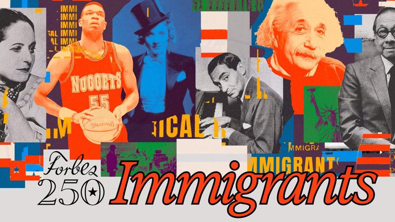 Mixed-media collage poster for the "Forbes 250 Immigrants" series, combining vintage black-and-white portraits and vibrant, color-blocked graphics of historical icons like Albert Einstein, Dikembe Mutombo, and Marlene Dietrich. (Photo via forbes.com)