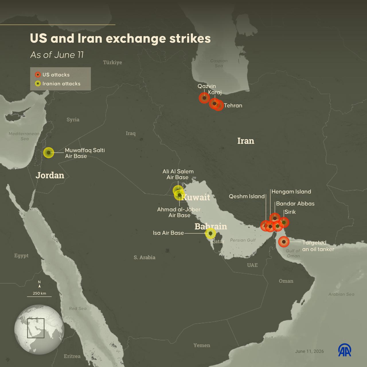 An infographic titled "US and Iran exchange strikes" was created in Ankara, Türkiye, on June 11, 2026. (AA Infographic)