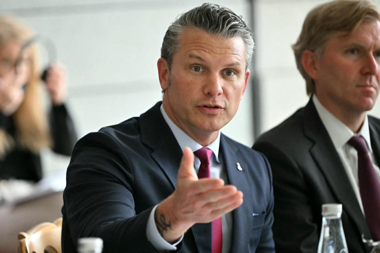 US Secretary of Defense Pete Hegseth speaks ahead of a meeting with French Minister of the Armed Forces and Veterans in Colleville-sur-Mer, northwestern France, June 6, 2026. (AFP Photo)