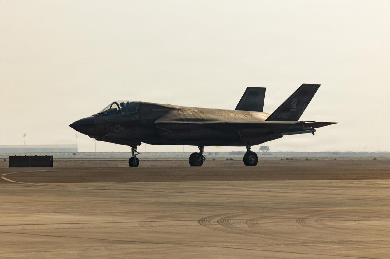 An F-35B Lightning II aircraft taxis to a forward arming and refueling point in the U.S. Central Command area of responsibility, May 26, 2026. (Photo via U.S. Marine Corps)