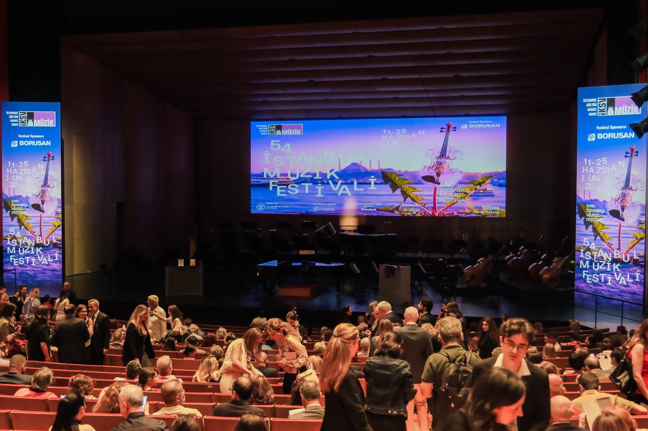 The stage is seen before the opening ceremony of the 54th Istanbul Music Festival at Ataturk Cultural Center in Istanbul, Türkiye, June 11, 2026. (Photo by Onur Cagrar Cakin)