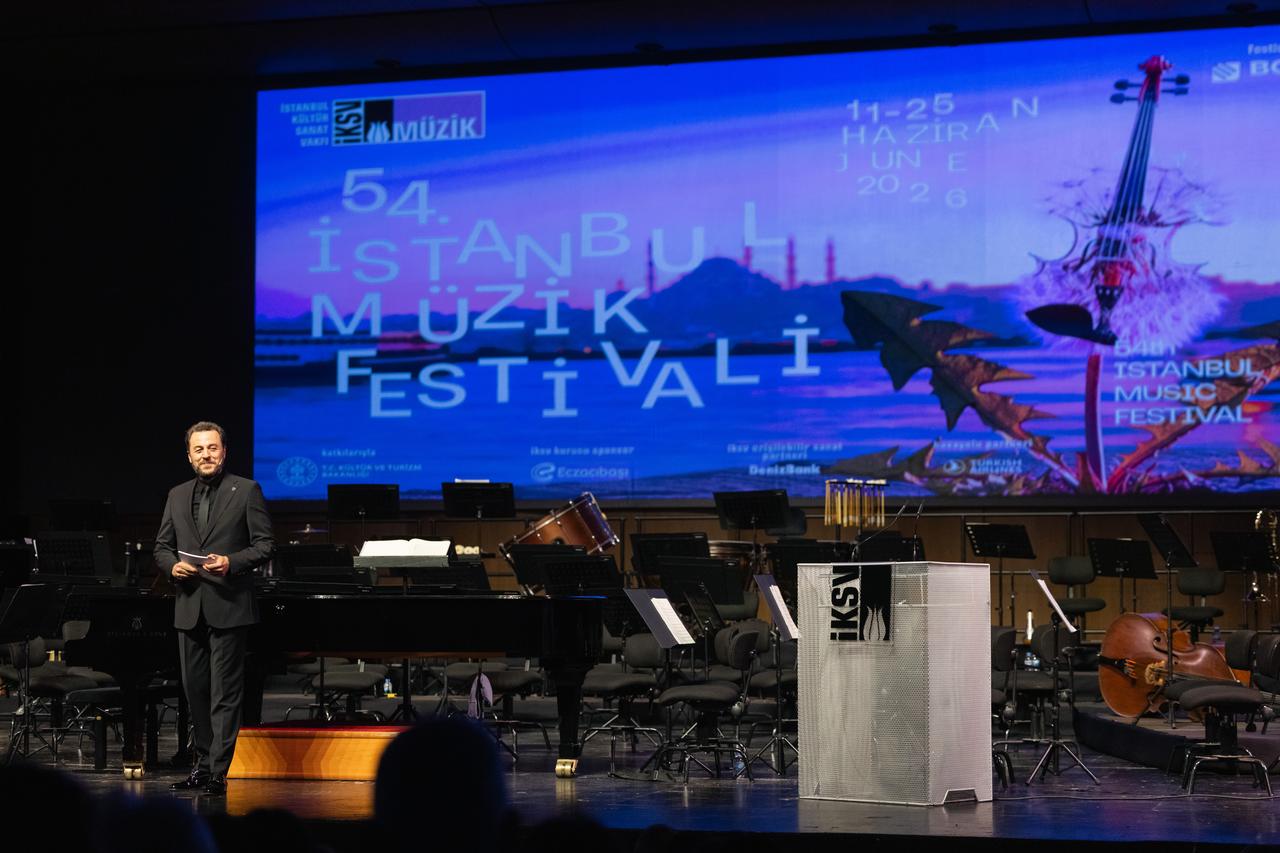 Actor Yetkin Dikinciler hosts the opening ceremony of the 54th Istanbul Music Festival at Ataturk Cultural Center in Istanbul, Türkiye, June 11, 2026. (Photo by Salih Ustundag)